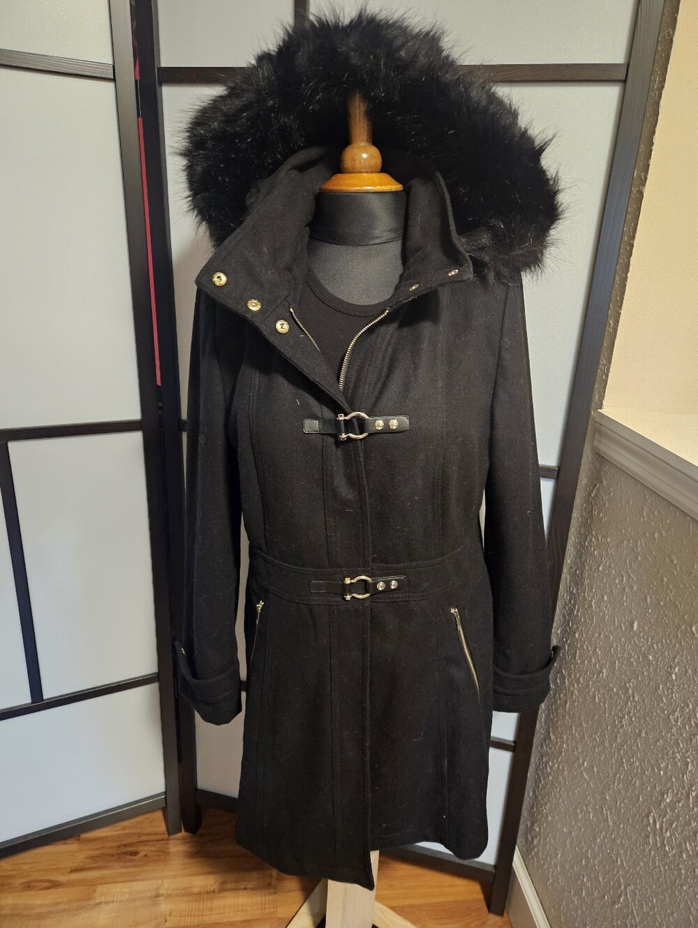 Ivanka Trump Black Wool-Blend Trench Coat with Faux Fur Hood